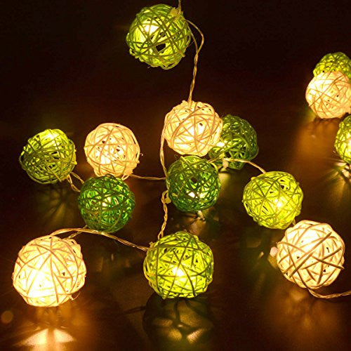 1 Set of Green n White 5cm Rattan Cane 20 Ball Battery Powered 3m String Lights Christmas Gift Home Wedding Party Bedroom Decoration Table Centrepiece