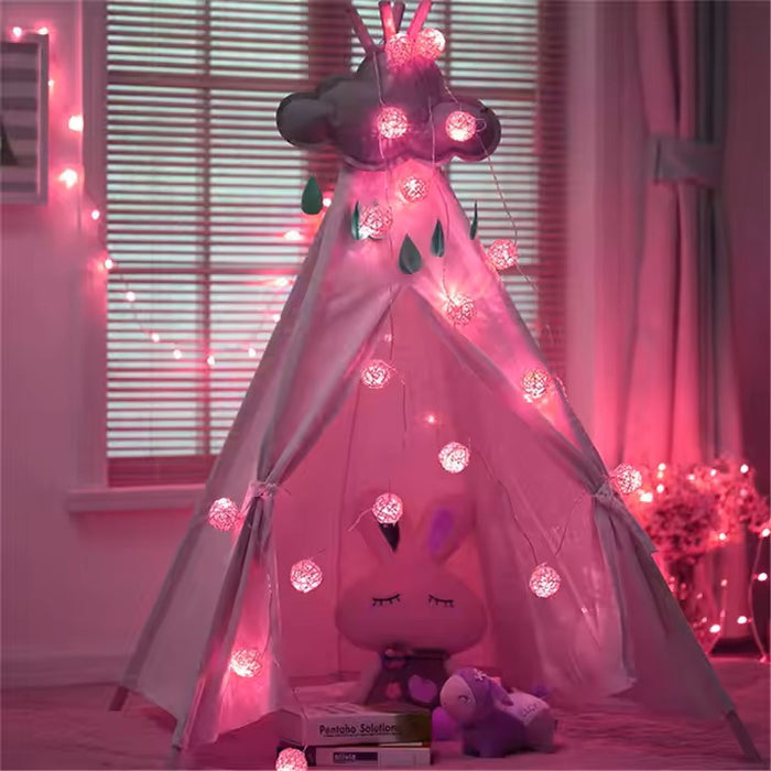 1 Set of Pink 5cm Rattan Cane 50 Ball Battery Powered LONG 5m String Lights Christmas Gift Home Wedding Party Bedroom Decoration Table Centrepiece