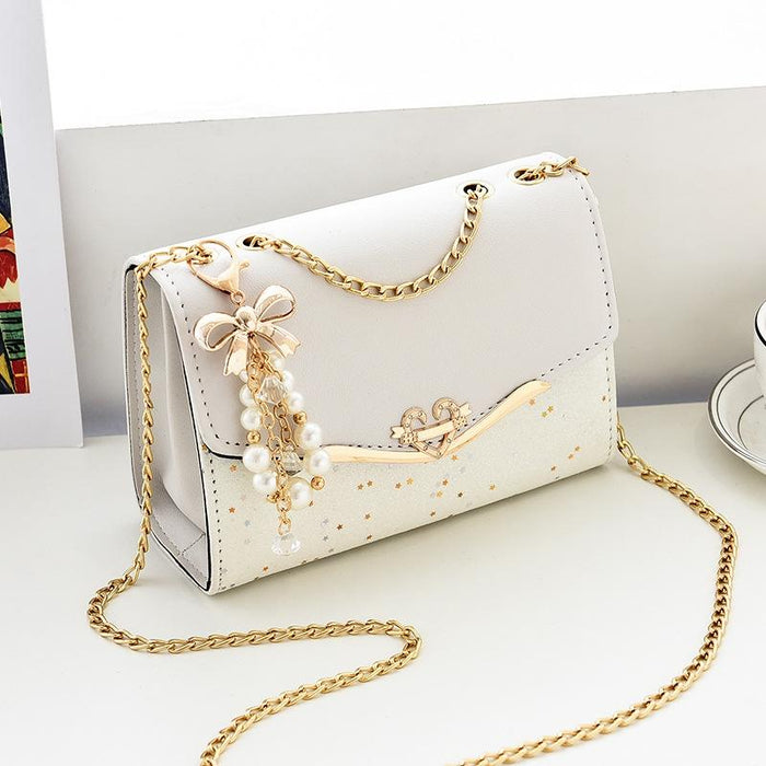 Sequined Messenger Shoulder Bag For Women Beige - Lake Blue With Pendant