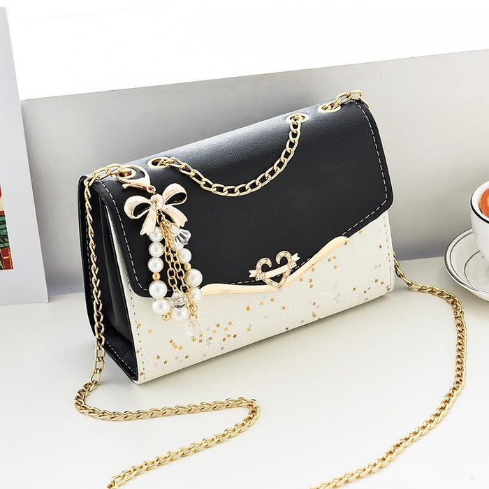 Sequined Messenger Shoulder Bag For Women Beige - Lake Blue With Pendant