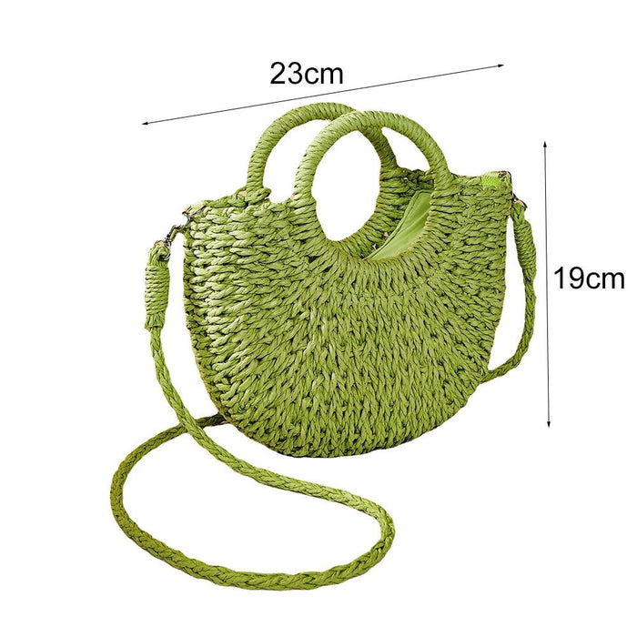 Beige Half Moon Straw Tote Woven Beach Bag - Camel