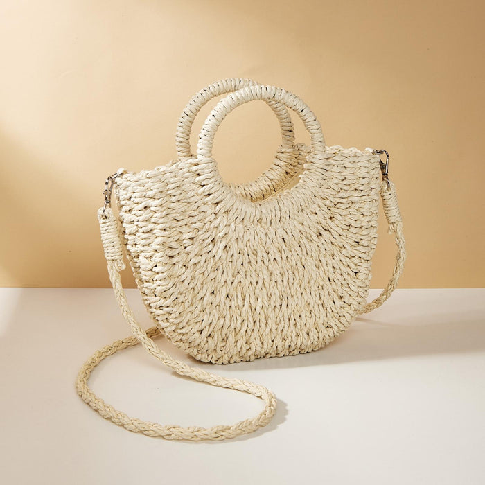 Beige Half Moon Straw Tote Woven Beach Bag - Rose Red