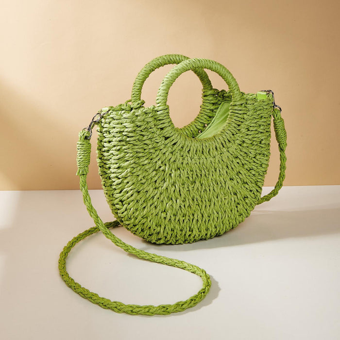 Beige Half Moon Straw Tote Woven Beach Bag - Rose Red