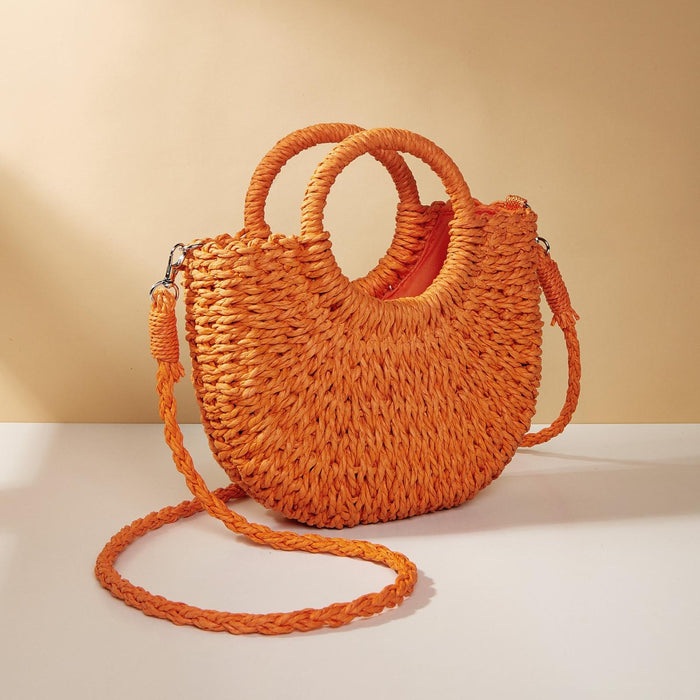 Beige Half Moon Straw Tote Woven Beach Bag - Orange Red