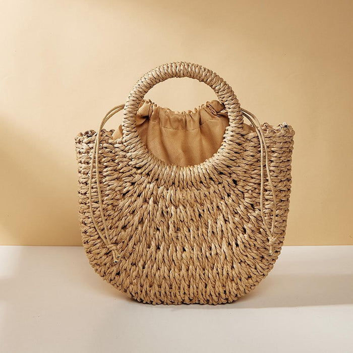 Beige Half Moon Straw Tote Woven Beach Bag - Orange Red