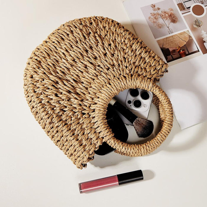 Beige Half Moon Straw Tote Woven Beach Bag - Orange Red
