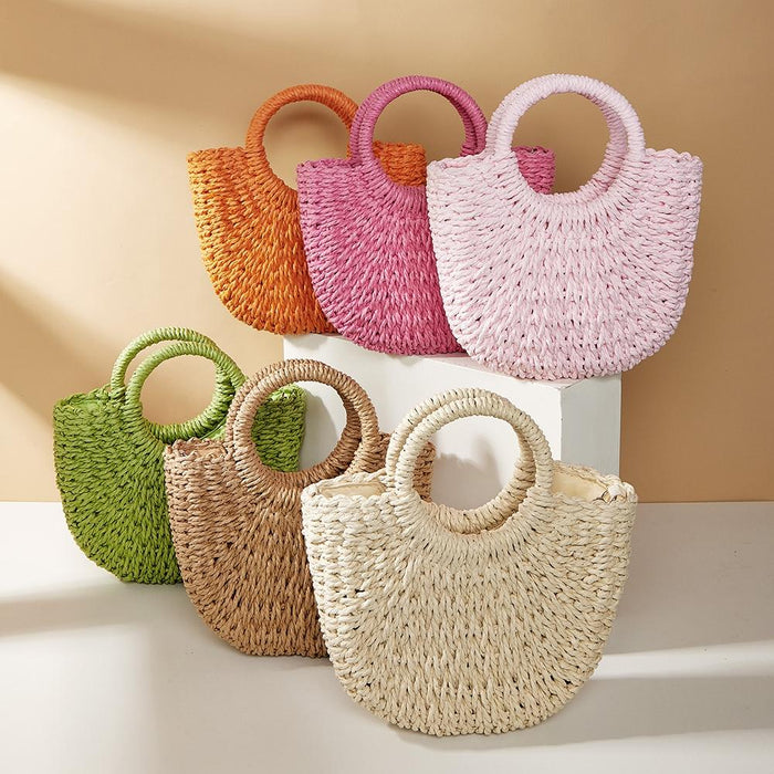 Beige Half Moon Straw Tote Woven Beach Bag - Orange Red