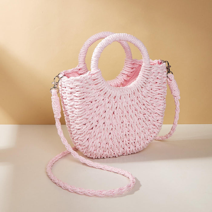 Beige Half Moon Straw Tote Woven Beach Bag - Orange Red