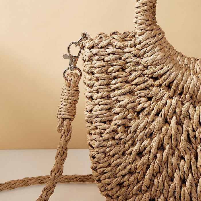 Beige Half Moon Straw Tote Woven Beach Bag - Pink