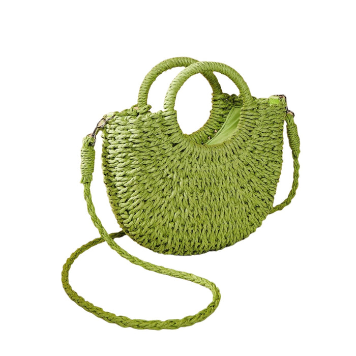 Beige Half Moon Straw Tote Woven Beach Bag - Green