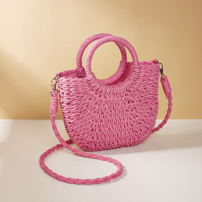 Beige Half Moon Straw Tote Woven Beach Bag - Green