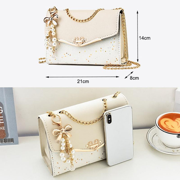 Sequined Messenger Shoulder Bag For Women Beige - Red With Pendant