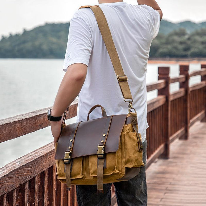 Leather Waxed Canvas Crossbody Bag For Outdoors - S11 Gray