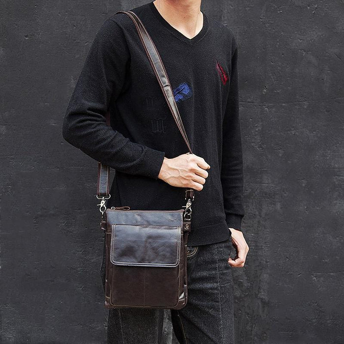 Retro Leather Crossbody Backpack For Men - Yellow Brown