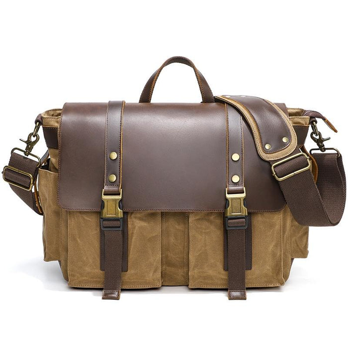 Leather Waxed Canvas Crossbody Bag For Outdoors - S11 Khaki