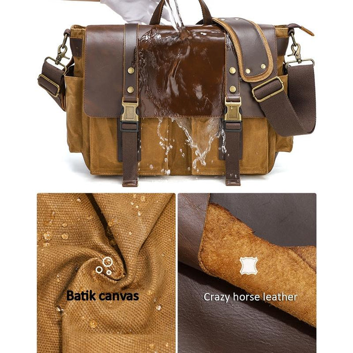 Leather Waxed Canvas Crossbody Bag For Outdoors - S11 Khaki