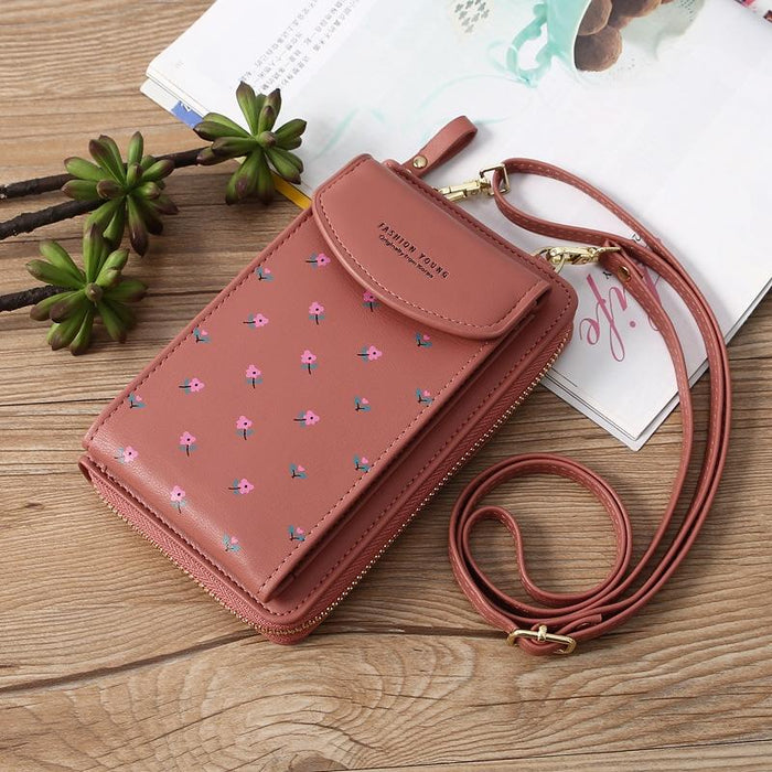 Floral Multi Card Crossbody Bag For Women - Dark Pink