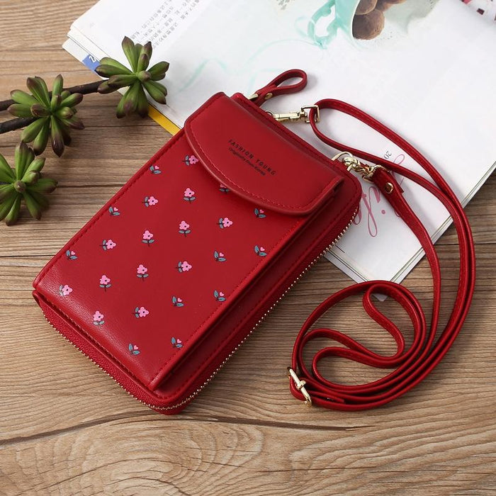 Floral Multi Card Crossbody Bag For Women - Dark Pink
