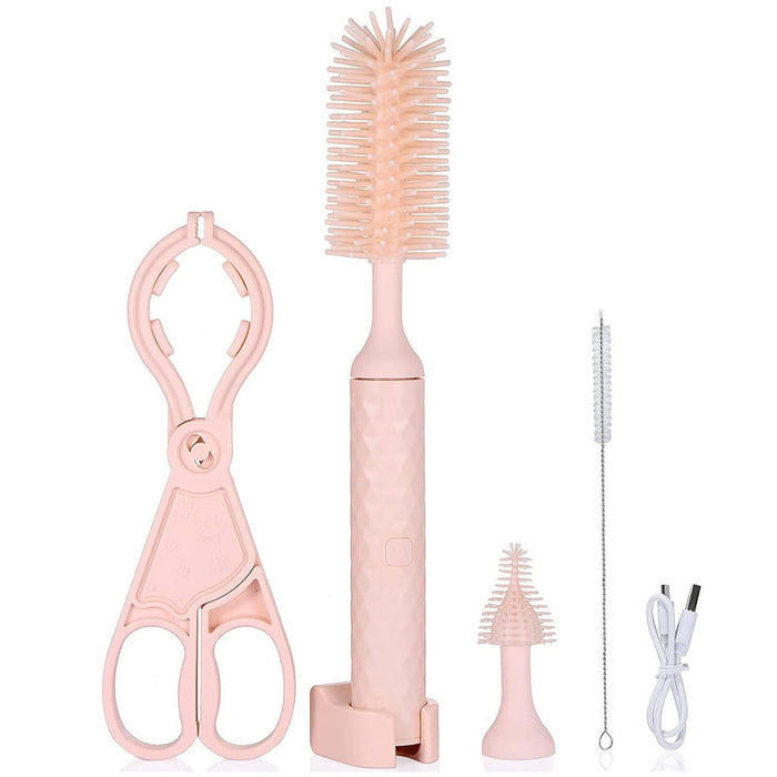 Vibe Geeks 360° Rotation Long Handle Reusable Silicone Baby Bottle Brush Set - Pink