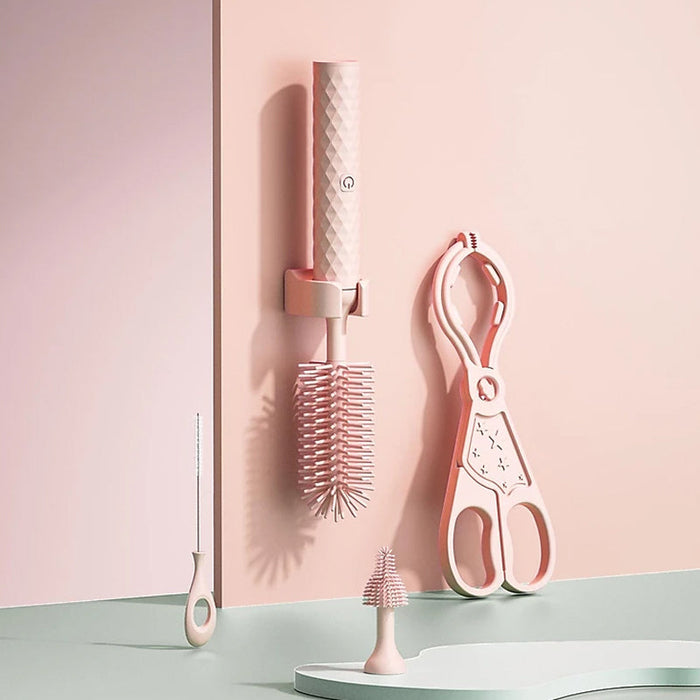 Vibe Geeks 360° Rotation Long Handle Reusable Silicone Baby Bottle Brush Set - Pink