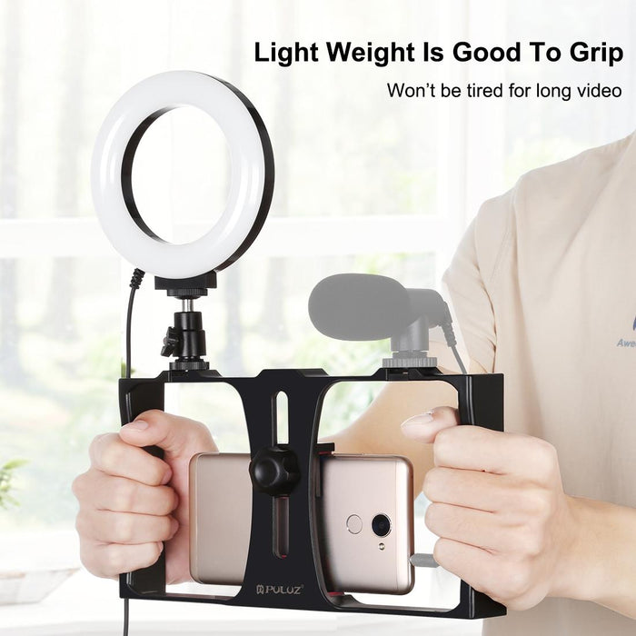 Vlogging Live Broadcast Smartphone Video Rig With 4.7 Inch Ring Led Selfie Light Kit And Cold Shoe Tripod Head - Blue