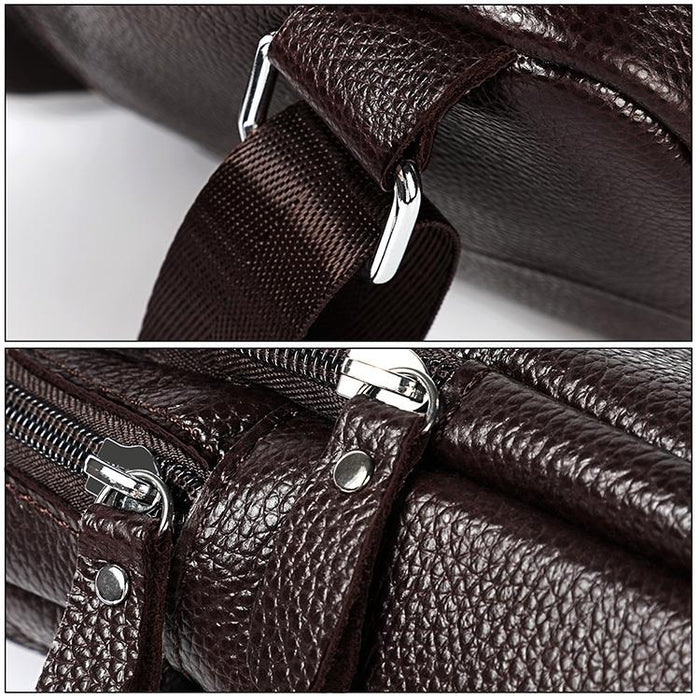 Men Litchi Texture Full Grain Cowhide Crossbody Bag - Red