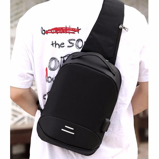 Versatile Oxford Shoulder Bag With Earphone & Usb - Navy Blue