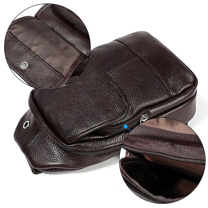Men Litchi Texture Full Grain Cowhide Crossbody Bag - Brown