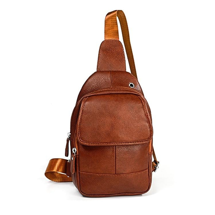 Men Litchi Texture Full Grain Cowhide Crossbody Bag - Brown