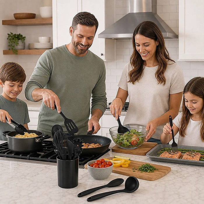 Silicone Kitchen Utensil Set – Black 11-Piece Set with Holder
