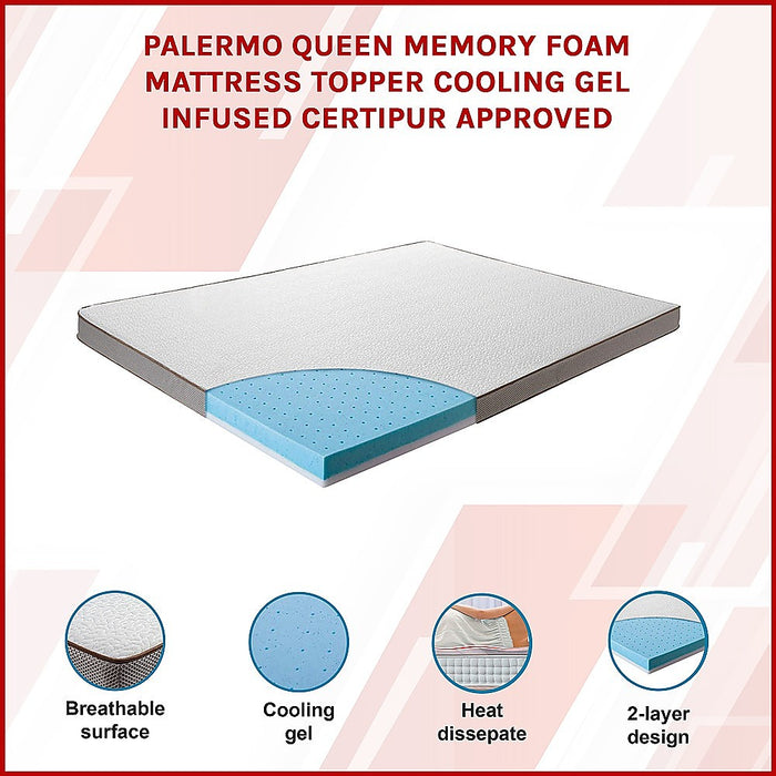 Palermo Queen Memory Foam Mattress Topper Cooling Gel Infused CertiPUR Approved