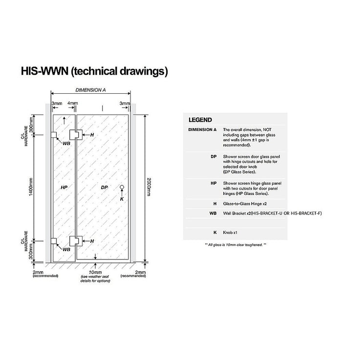 110x80cm Corner Frameless Shower Screen with White Brackets and SS Hinges, Square Double Pull Handle