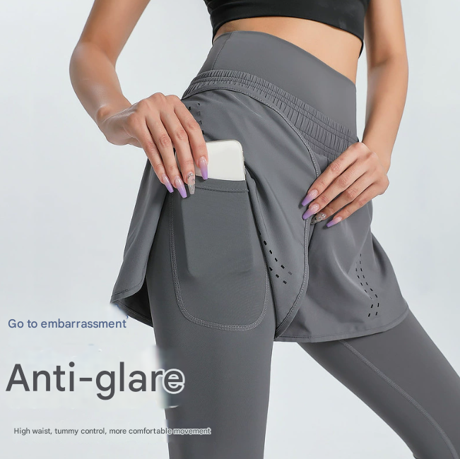 XXL Navy Blue Women's High-Waist Athletic Skort with Built-In Shorts - Breathable Quick-Dry Running Skirt with Phone Pocket