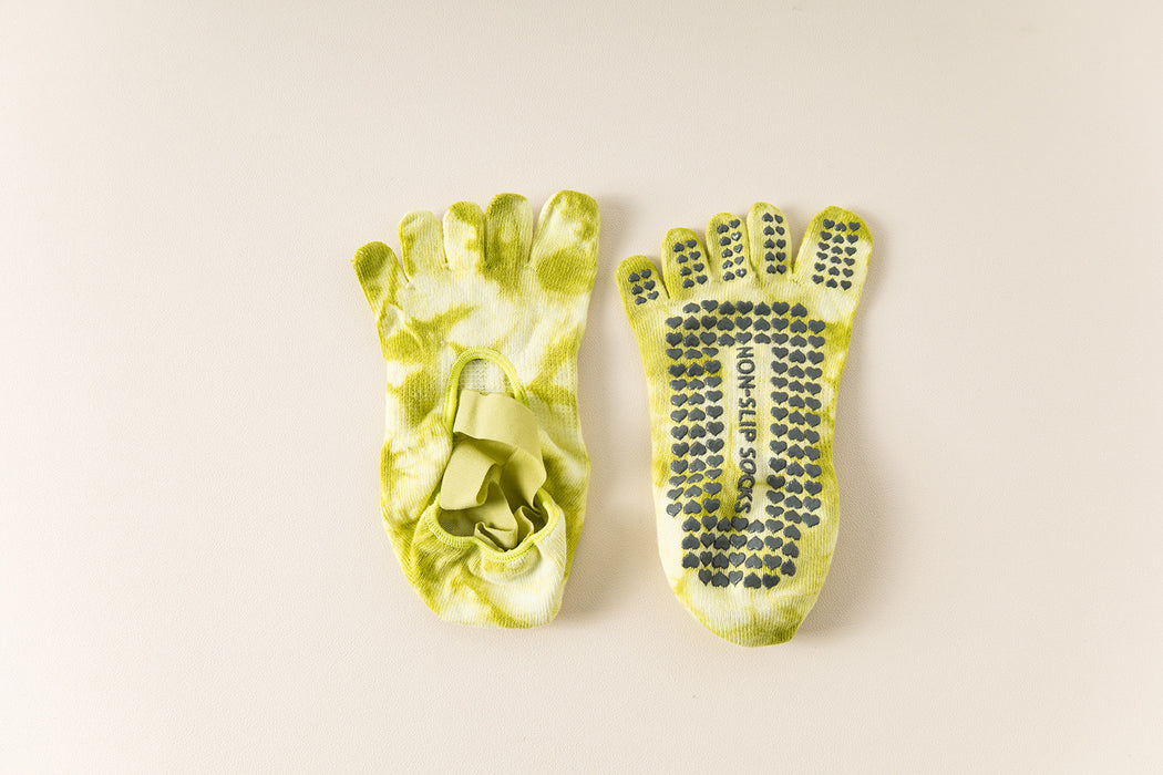 2 Pairs Light Green Tie-Dye Non-Slip Yoga Socks for Women - Five-Toe Cotton Blend Socks for Pilates and Indoor Sports