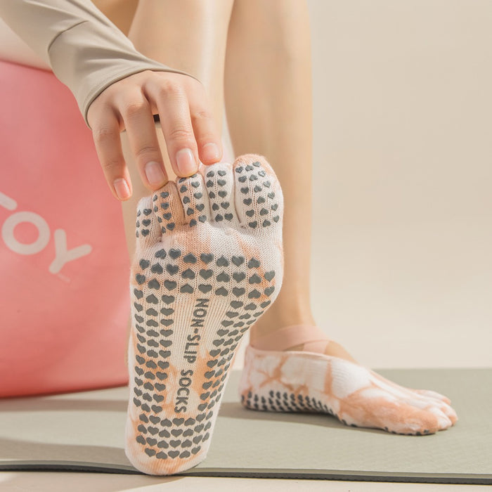 2 Pairs Light Green Tie-Dye Non-Slip Yoga Socks for Women - Five-Toe Cotton Blend Socks for Pilates and Indoor Sports