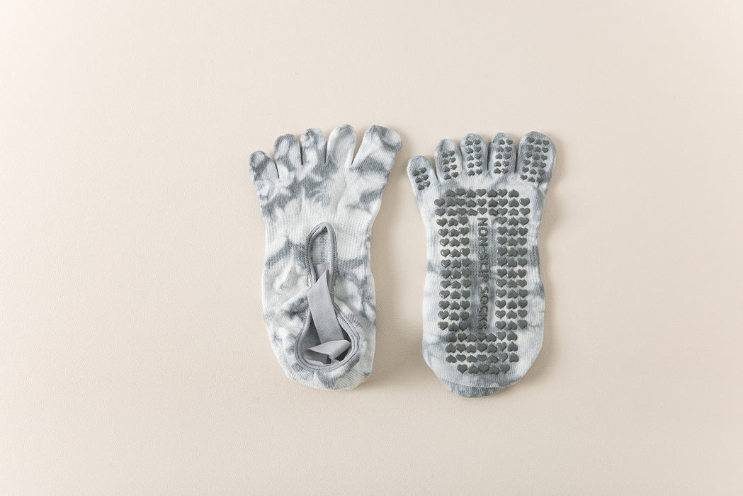 2 Pairs Grey Tie-Dye Non-Slip Yoga Socks for Women - Five-Toe Cotton Blend Socks for Pilates and Indoor Sports
