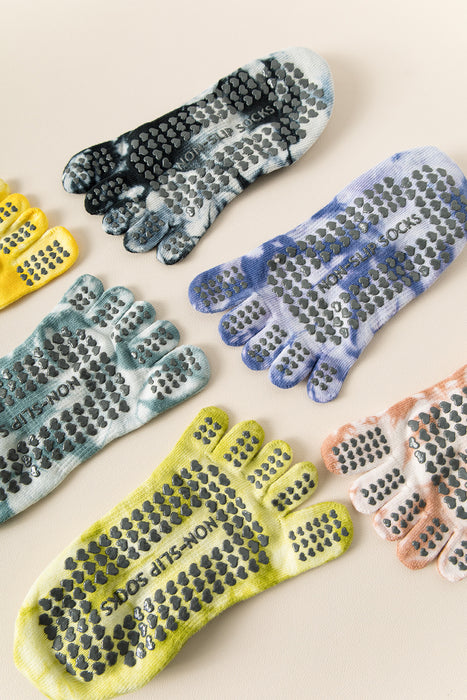 2 Pairs Yellow Tie-Dye Non-Slip Yoga Socks for Women - Five-Toe Cotton Blend Socks for Pilates and Indoor Sports