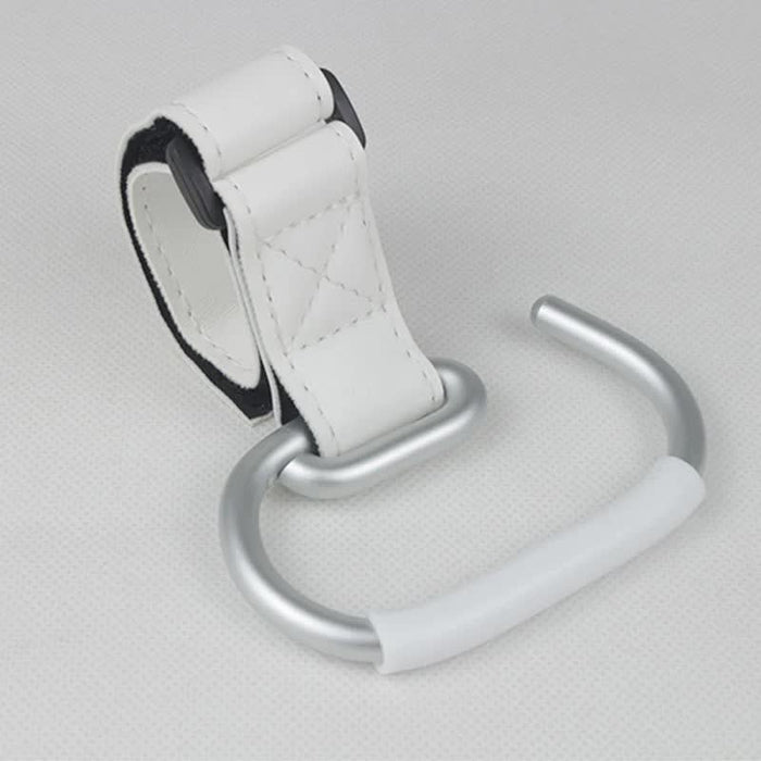 White Stroller Hooks 4-Pack - Leather and Alloy Pram Hooks with Velcro for Mom Bags and Accessories