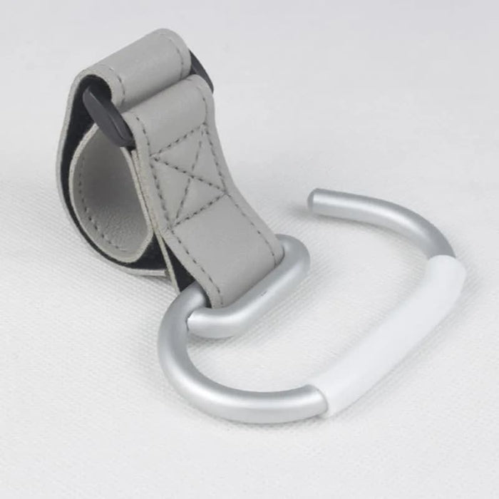 Grey Stroller Hooks 4-Pack - Leather and Alloy Pram Hooks with Velcro for Mom Bags and Accessories