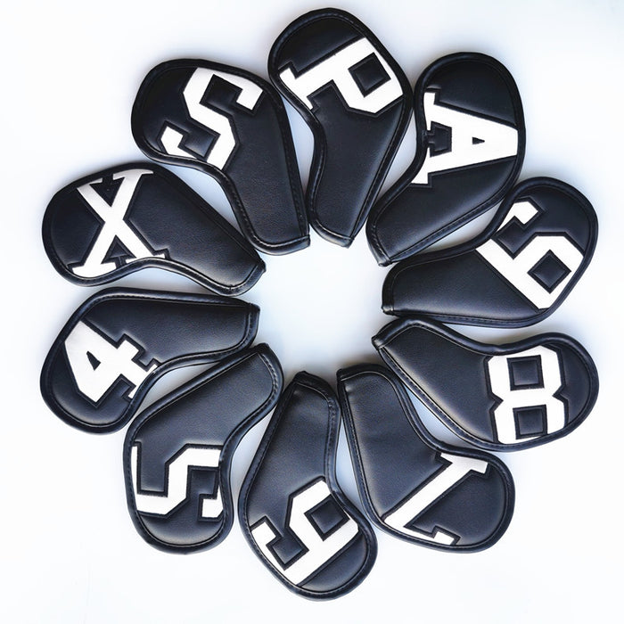 White Words On Black Background PU Leather Golf Iron Headcovers Set (10pcs) - Numbered Protective Club Covers (4-9, P, A, S, L) Universal Fit