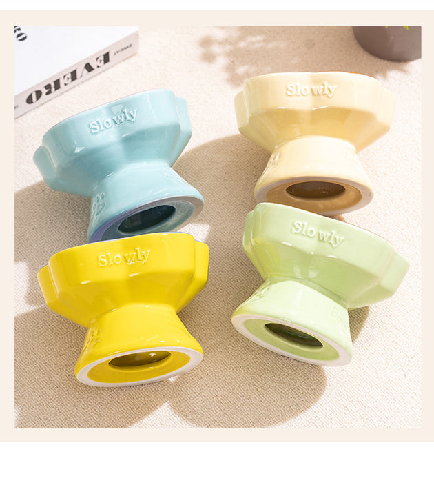 Yellow and Blue Ceramic Slow Feeder Pet Bowl for Cats and Small Dogs - Anti-Choke Elevated Design with 15-Degree Tilted Rim