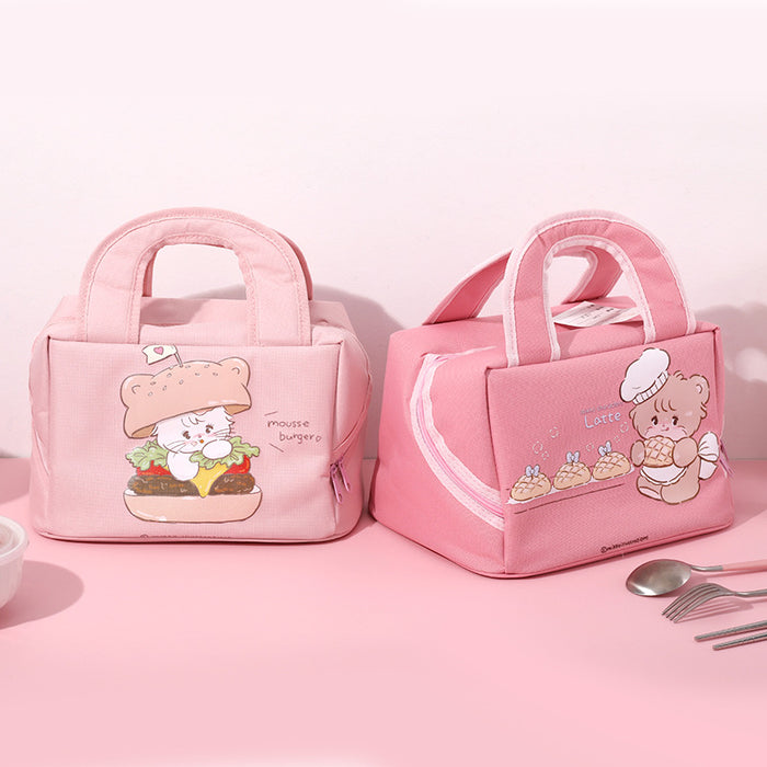 Pink Cute Cartoon Lunch Bag - Large Capacity Insulated Handbag for Students and Office Use