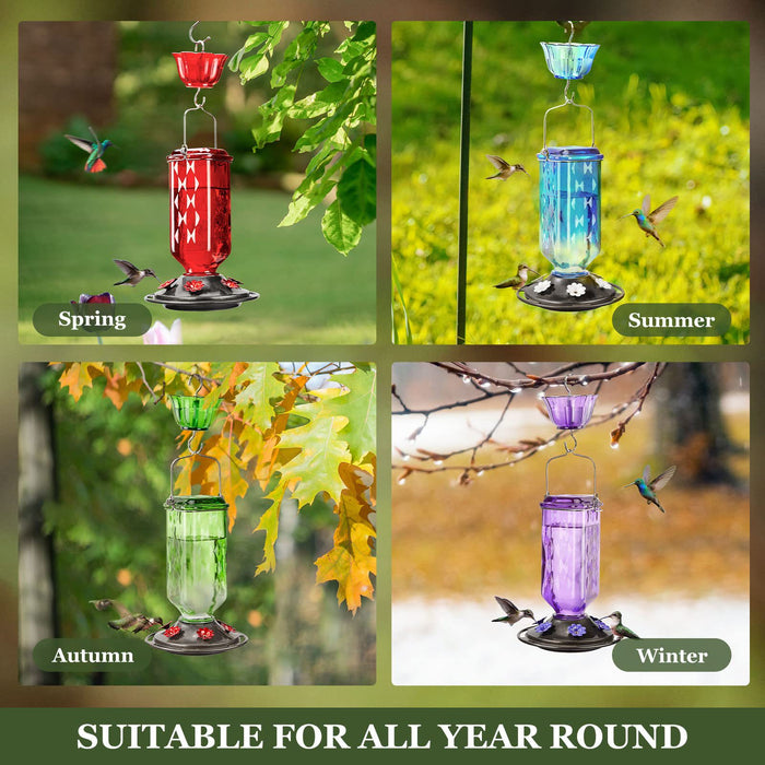 Elegant Hanging Hummingbird Feeder - Decorative Glass Nectar Bottle with Ant Moat, 6 Feeding Ports(Blue)