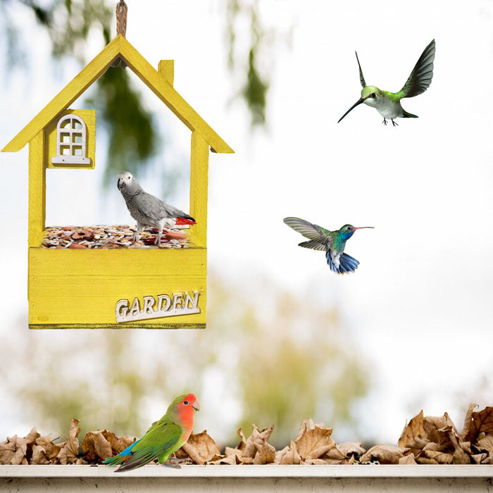 Yellow Charming Wooden House Hanging Bird Feeder - Attract Wild Birds to Your Garden
