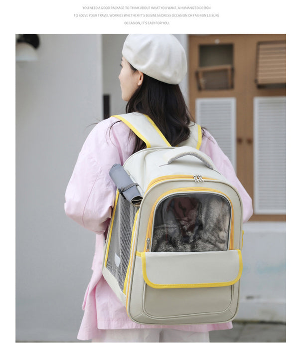 Beige And Green Spacious Pet Carrier Backpack with Clear Window - Comfortable Travel Bag for Cats & Small Dogs