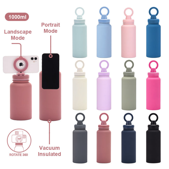 Matcha Green 1L Stainless Steel Water Bottle with Magnetic Phone Holder Lid - Portable Hydration & Hands-Free Stand
