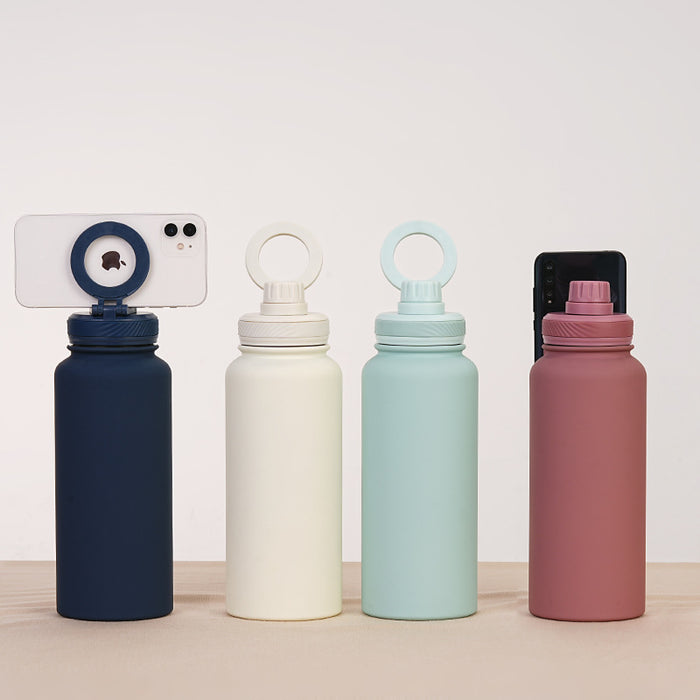 Black 1L Stainless Steel Water Bottle with Magnetic Phone Holder Lid - Portable Hydration & Hands-Free Stand