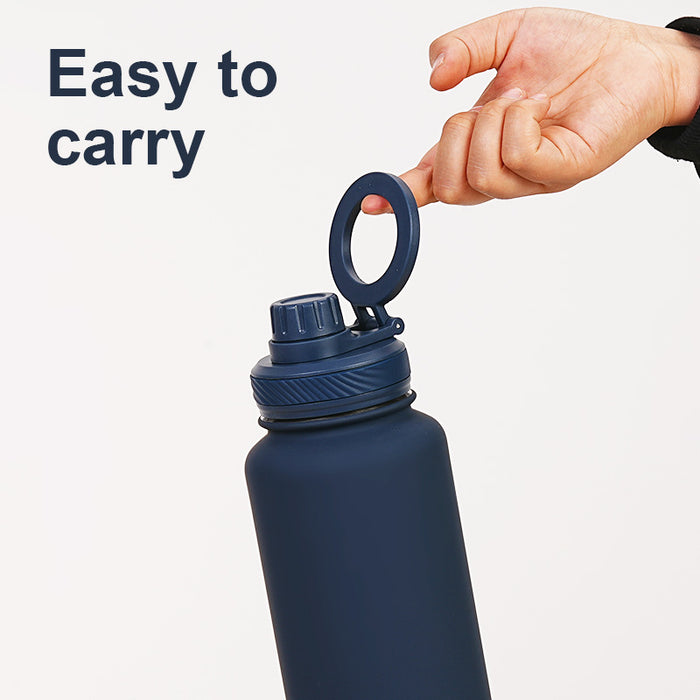 Silver and Black 1L Stainless Steel Water Bottle with Magnetic Phone Holder Lid - Portable Hydration & Hands-Free Stand