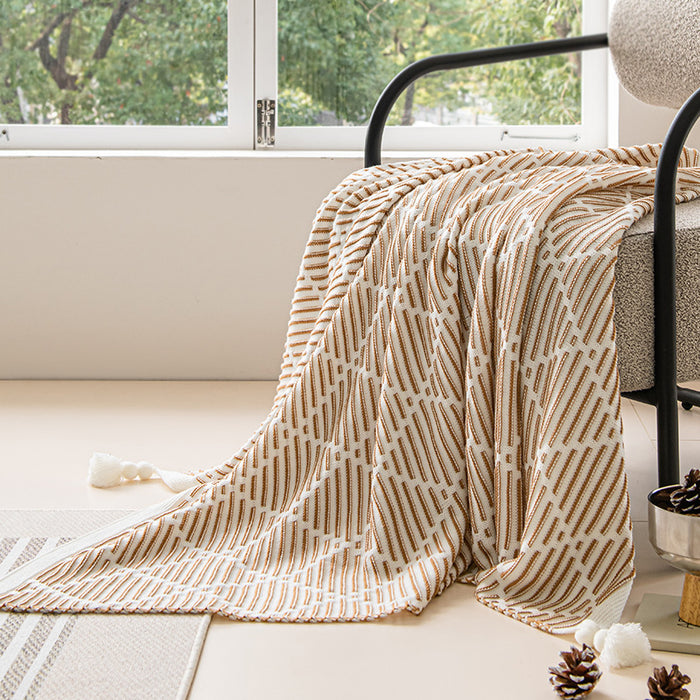 Grey and Beige Diamond Pattern Soft Cozy Knit Throw Blanket with Tassels - Geometric Pattern Lightweight Acrylic Blanket for Sofa Couch Bed, 130x150cm