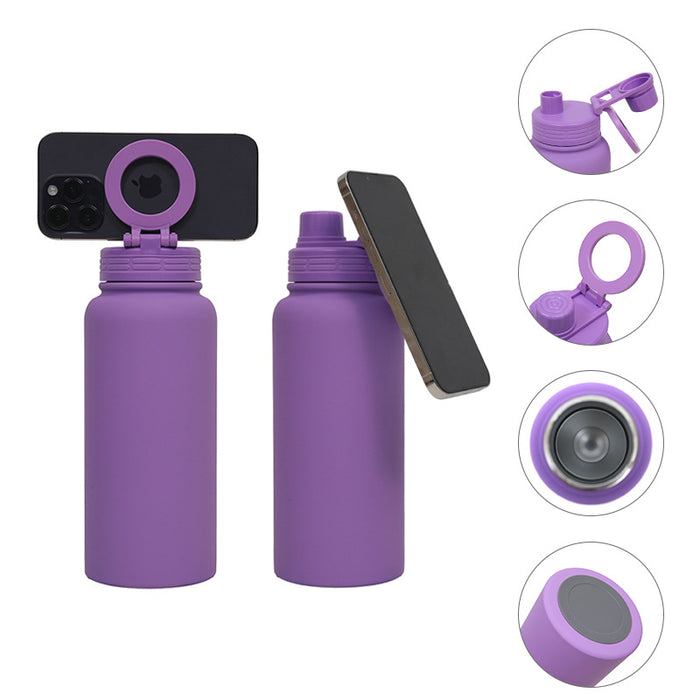 White Premium 35oz Stainless Steel Insulated Sports Bottle with Magnetic Phone Holder Lid
